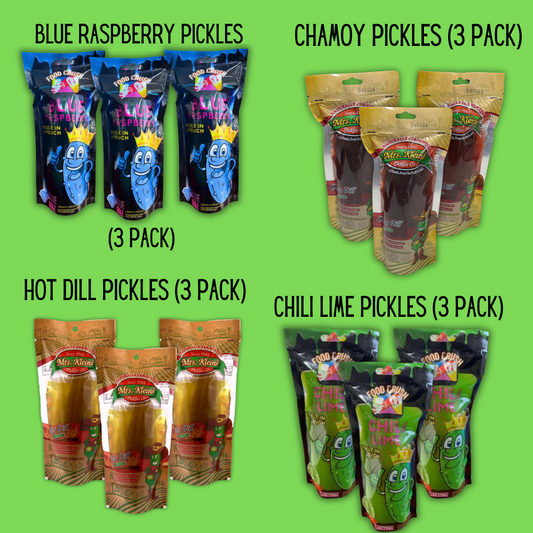 "Trio Pickles" 3 Pack: Chamoy, Blue Raspberry, Hot Dill, or Chili Lime