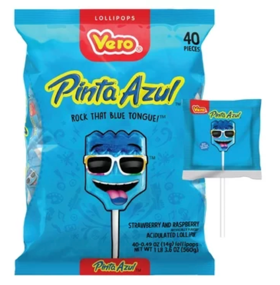 "Vero Pinta Azul" Strawberry and Raspberry Flavored Lollipops - 40 count