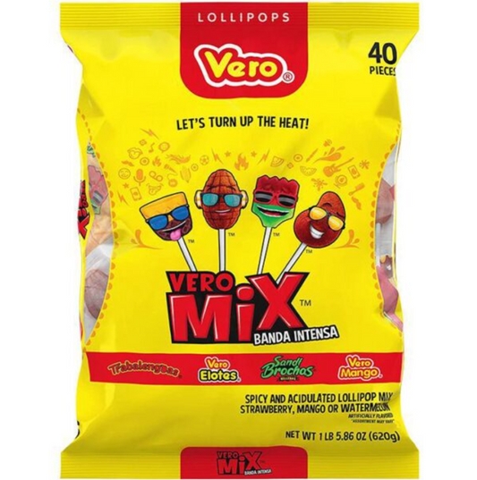 "Vero Mix Banda Intensa" Spicy Lollipop Mix, Strawberry, Mango, and Watermelon Lollipops - 40 count