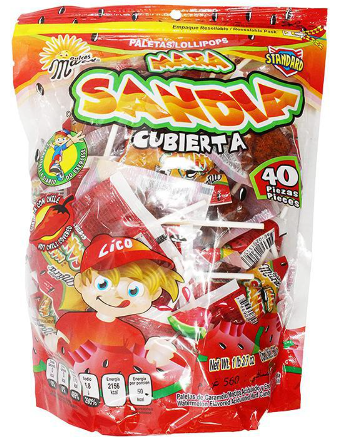 "Dulces Mara - Sandia Cubierta" - Watermelon Flavored Lollipop covered with Chili Powder (30 ct)