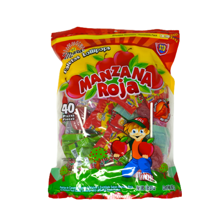 "Dulces Mara - Manzana Roja" - Spicy Apple Flavored Lollipops - (40 Ct)